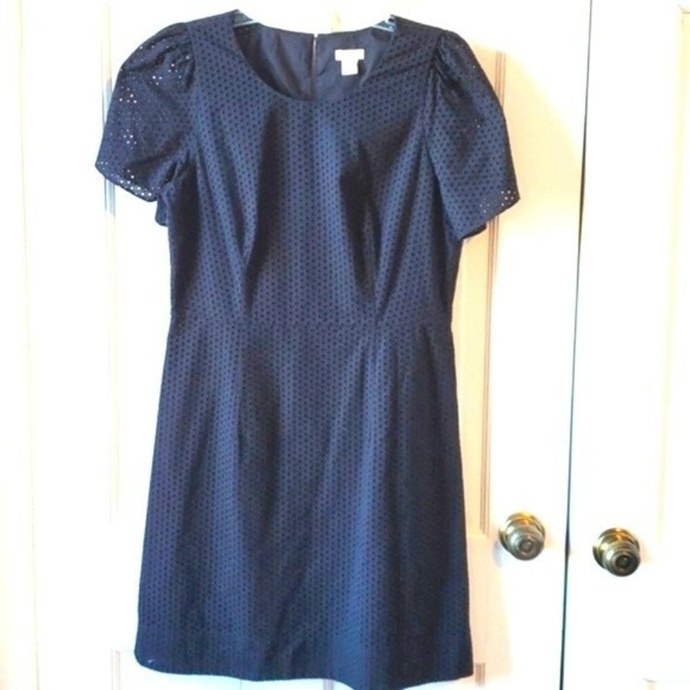 J. CREW 100% COTTON EYELET PUFF FLUTTER SLEEVE BLACK SHORT SLEEVE DRESS SZ 6